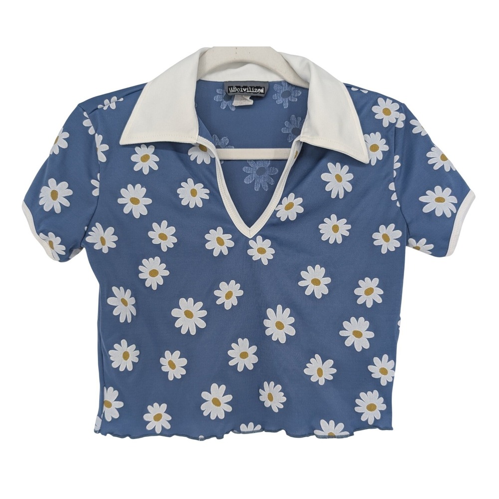 Uncivilized‎ VTG 90s Y2K Daisy Polo Shirt Women S Blue Floral V-Neck Baby Tee